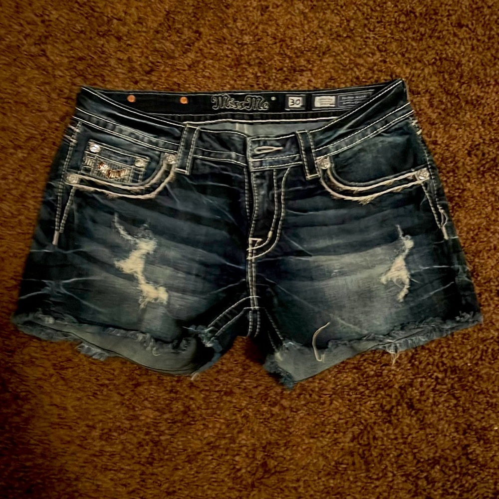 Miss me, super hot blue Jean shorts. Embellished with silver and bronze tones.